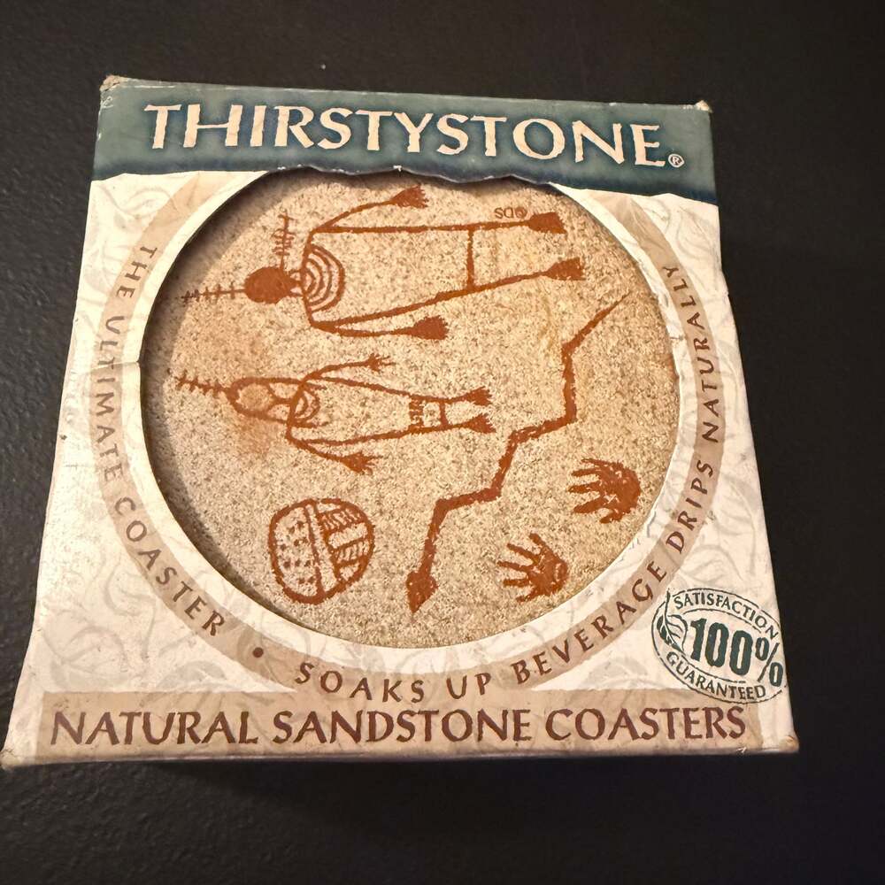 Set of 4 Thirsty Stone Coaster Set Cork Back Petroglyph Style Image